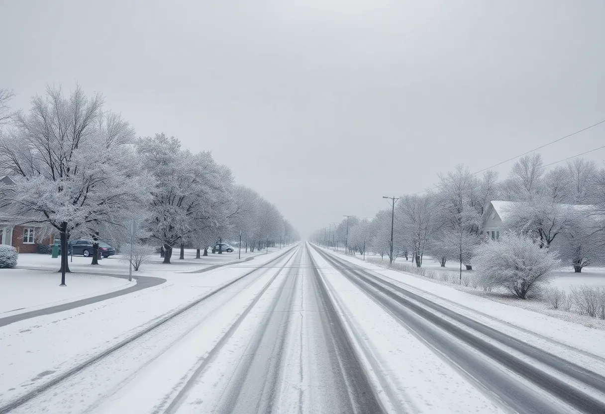 A beautiful winter scene of snow covering the ground and trees in Central South Carolina.