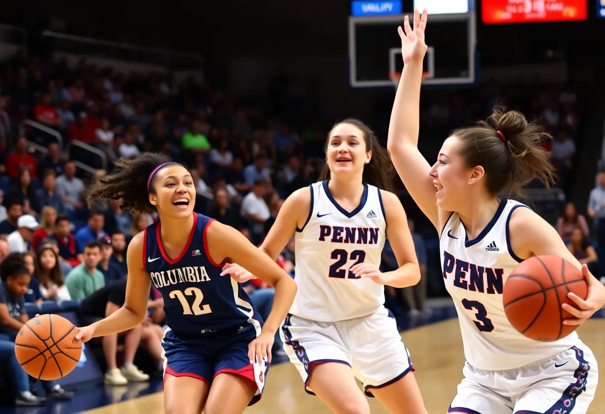 Columbia women's basketball team celebrating after victory against Penn