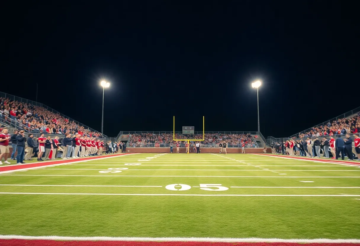 Football stadium filled with cheering fans at a high school game