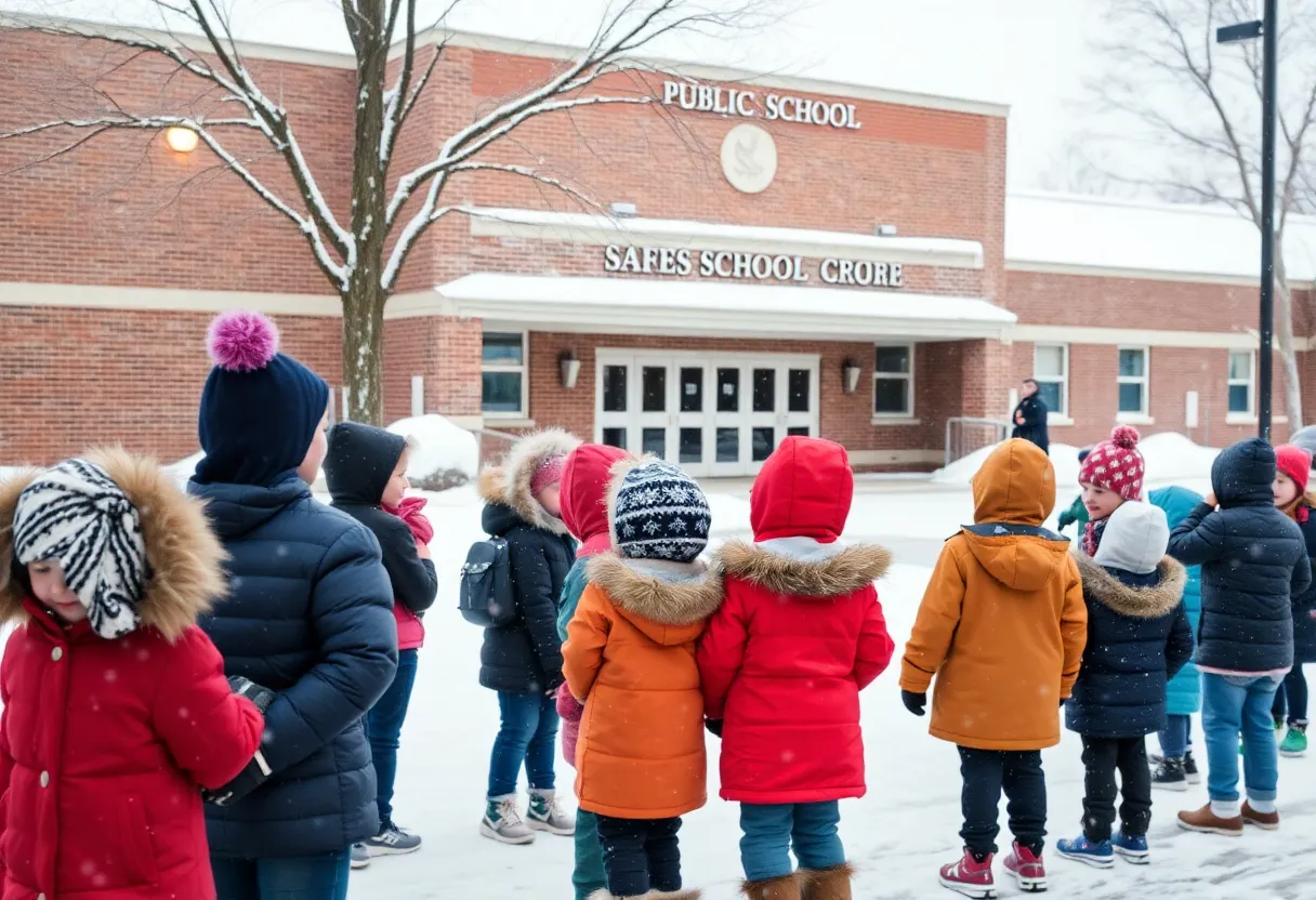 Students outside a school in winter clothing awaiting early dismissal due to snow forecast.