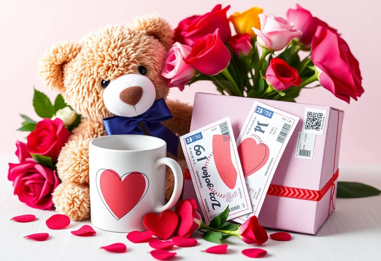 Valentine's Day gift package featuring bear, mug, flowers, and tickets