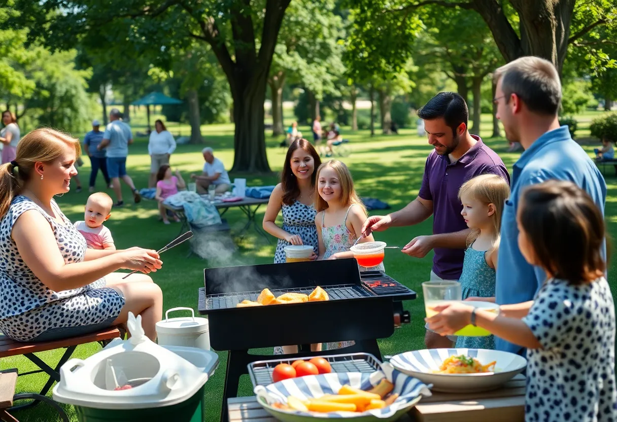 Families having fun in West Columbia parks with BBQ food.