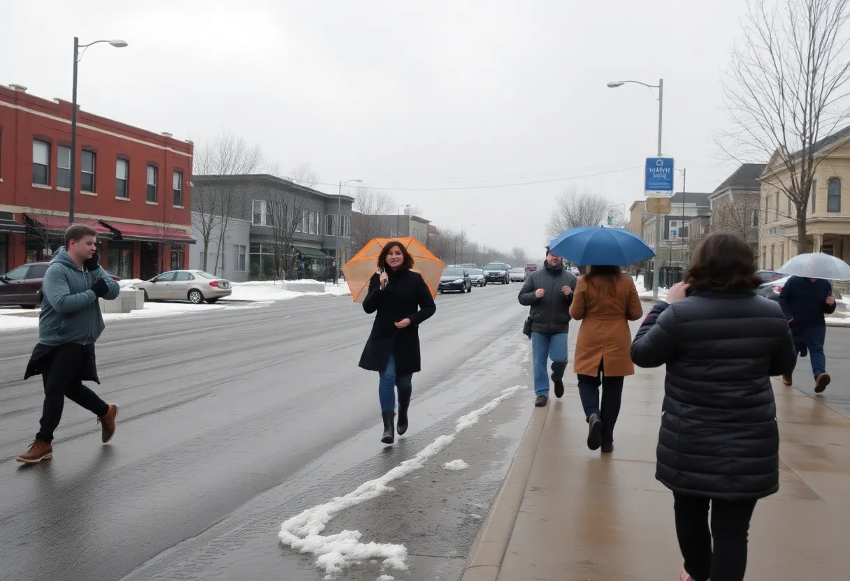 Winter weather in West Columbia with slush and residents under umbrellas.