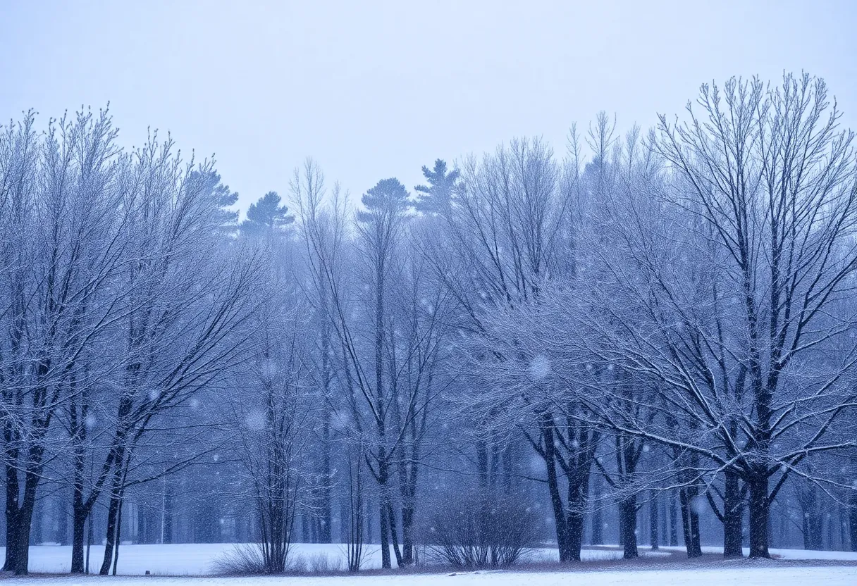 Snow falling in Columbia South Carolina during winter