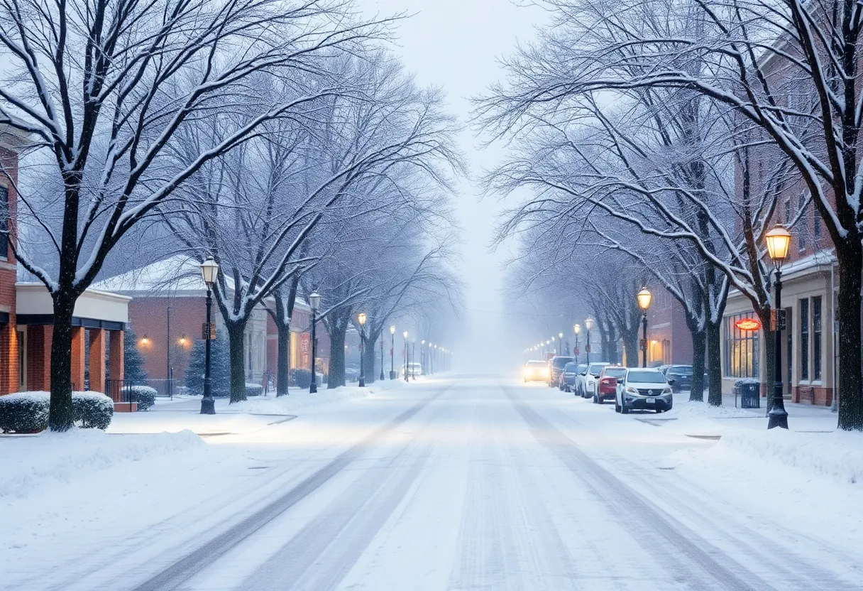 Snow-covered street in Columbia, SC during winter storm