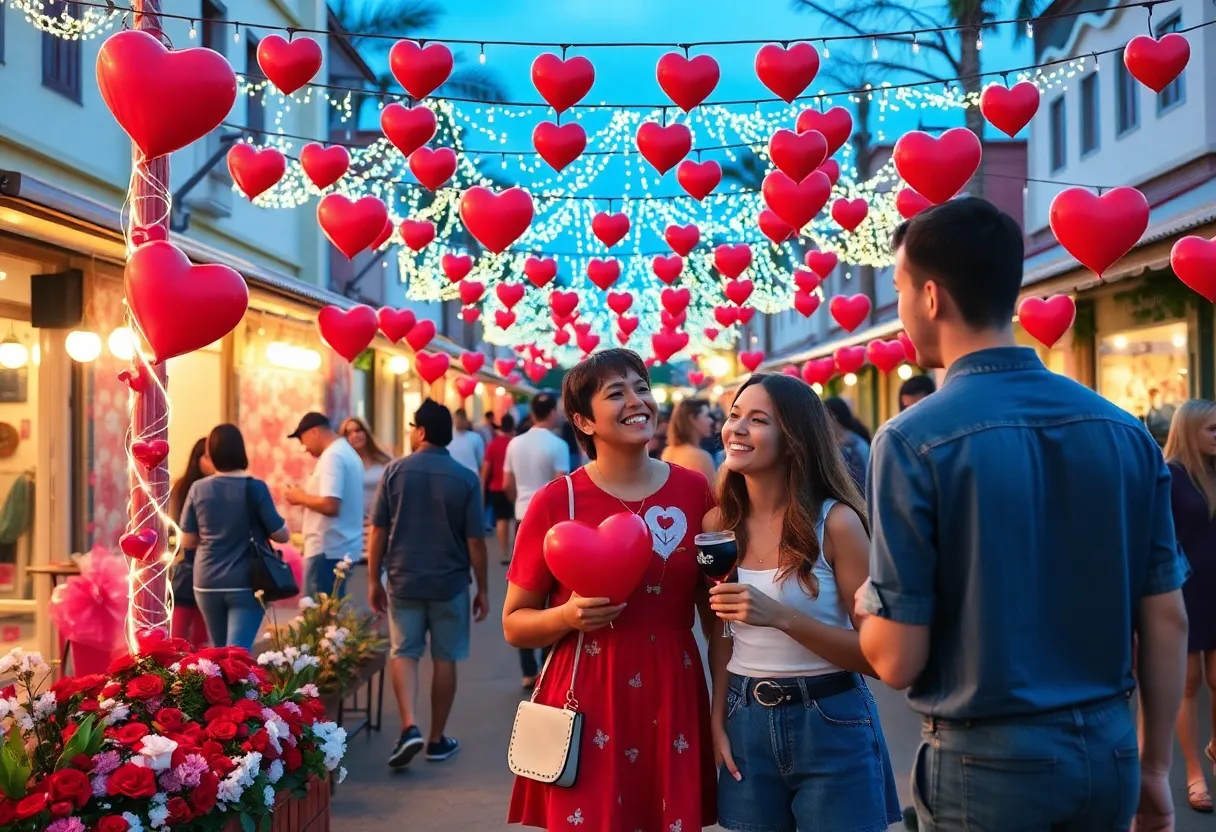 Couples and friends celebrating Valentine's Day in Columbia with decorations and activities.