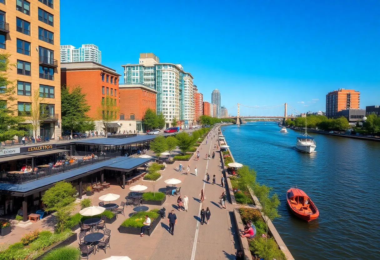 Proposed view of the Columbia riverfront development with parks and restaurants.