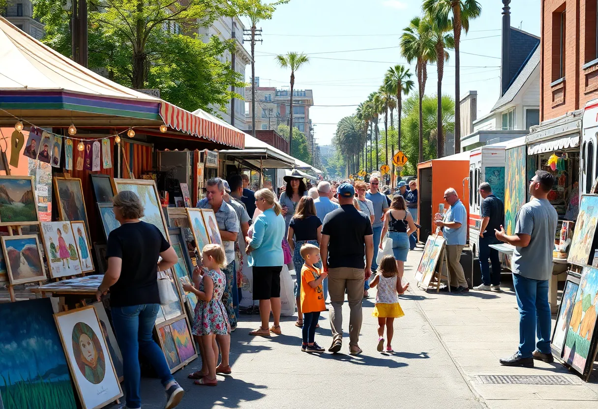 A lively scene from the Cottontown Art Crawl showcasing artistic displays and families engaging in artistic activities.