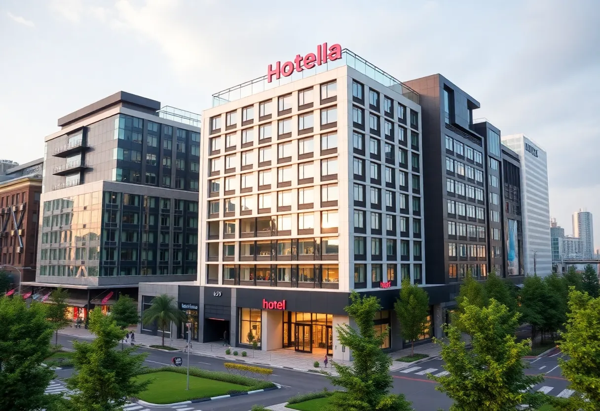 Rendering of the new Marriott hotel in Columbia, surrounded by shopping areas.