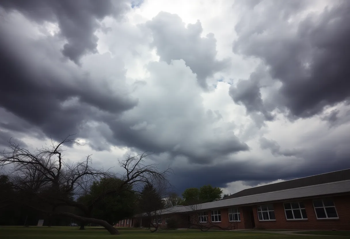 Severe storm in the Midlands area with dark clouds and high winds