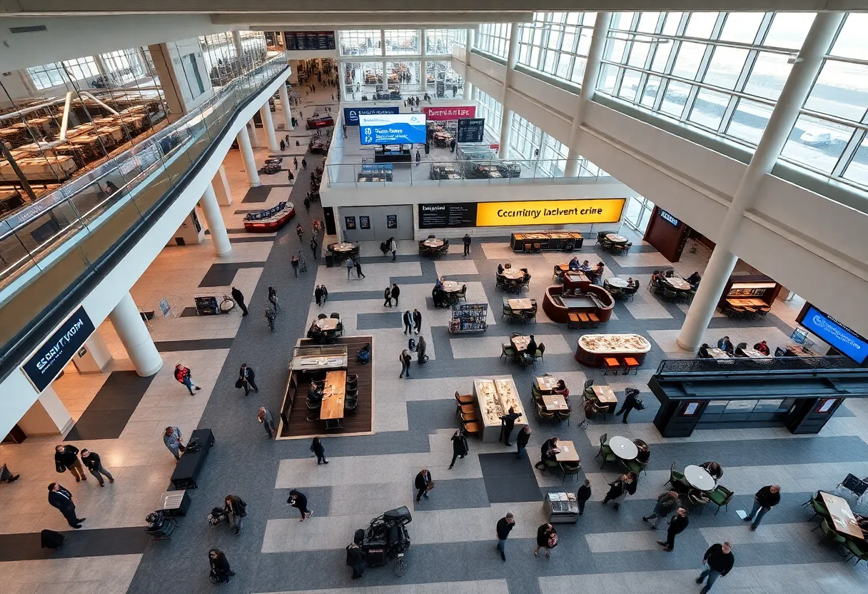 A busy Columbia Metropolitan Airport with new amenities and travelers.