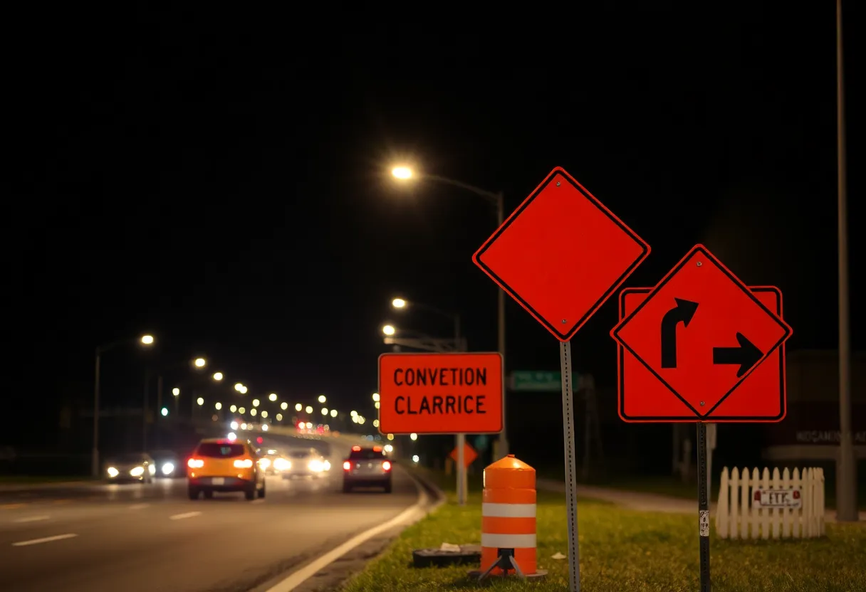 Nighttime view of road construction signs indicating detours in Columbia, South Carolina.
