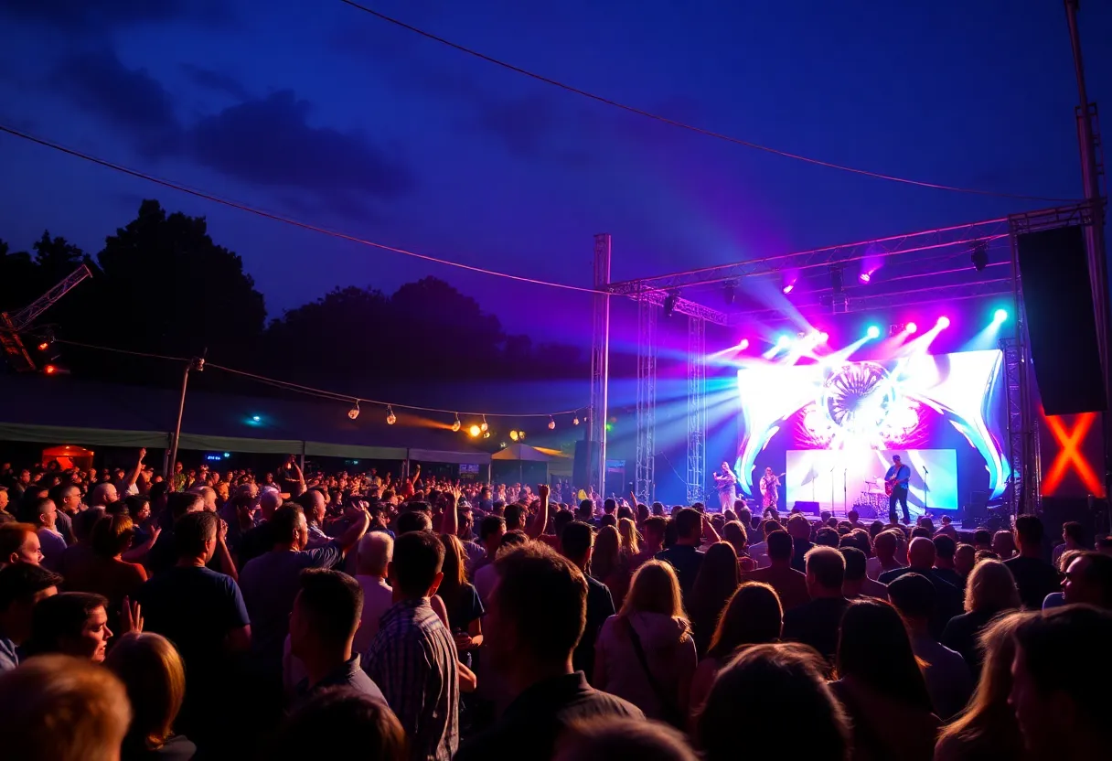 Crowd enjoying a live concert performance with colorful lights in the background.