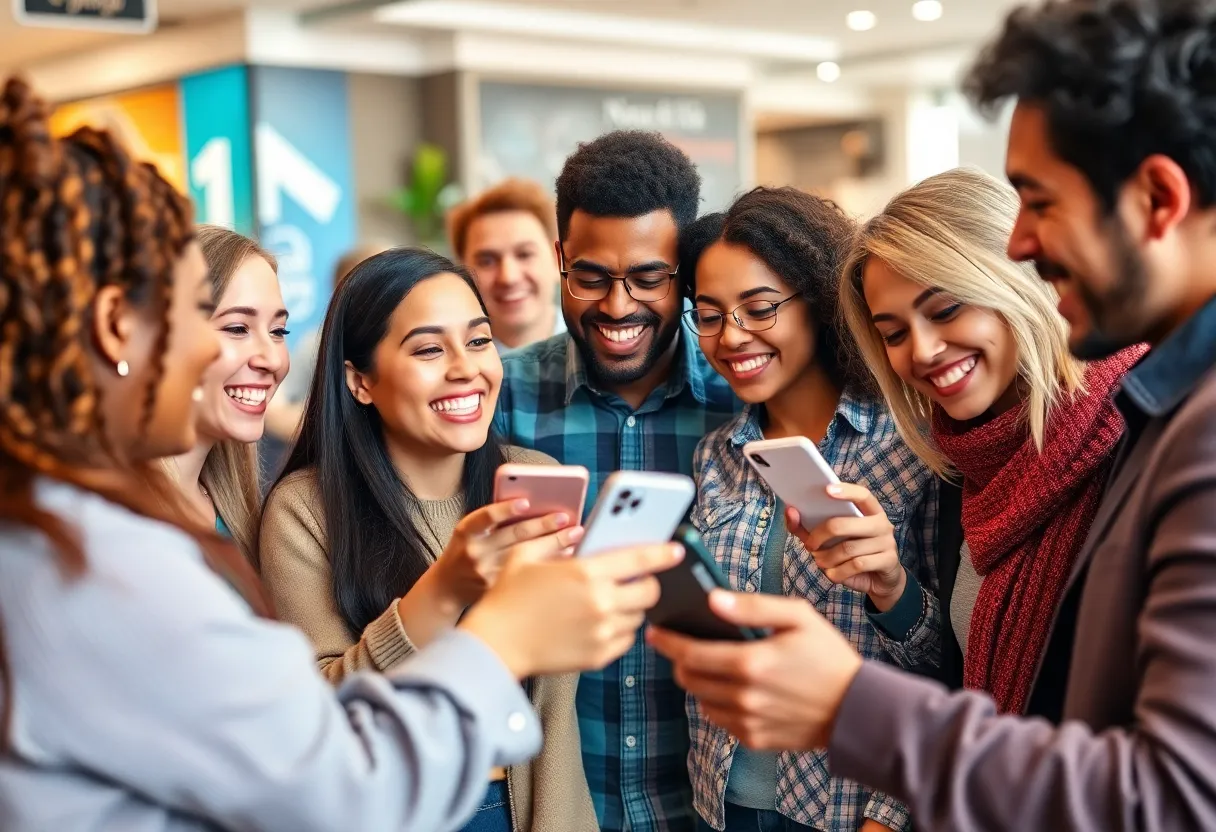 Group of customers sharing positive experiences about a brand on social media.