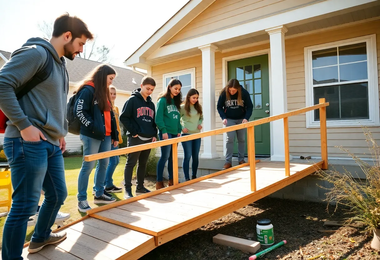 Irmo students constructing a wheelchair ramp for a family in need.