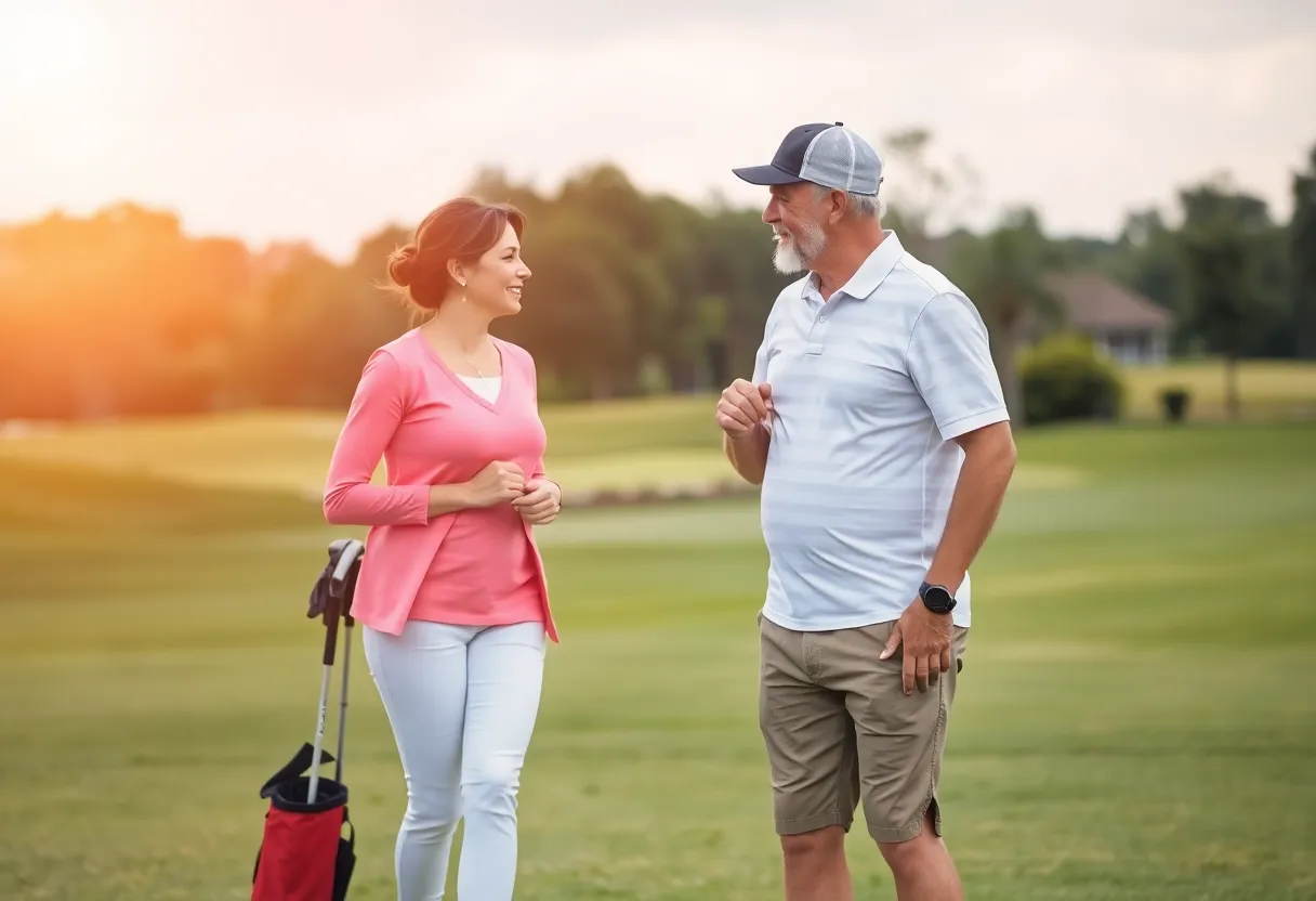 Couple sharing a supportive moment on the golf course