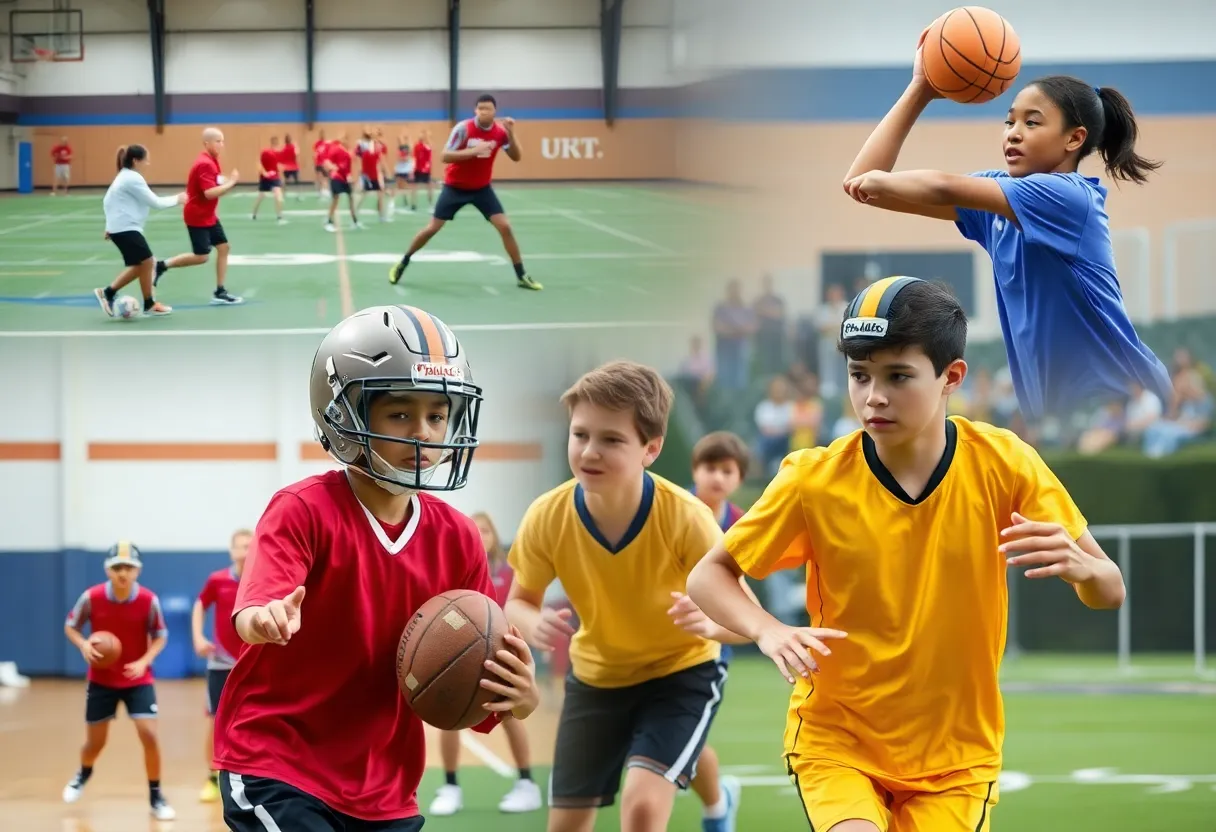 Collage of young athletes training and competing in basketball and football.