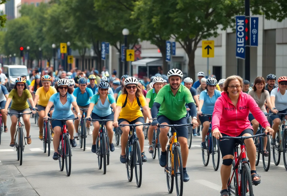 Community members participating in a bike ride to celebrate National Bike Month