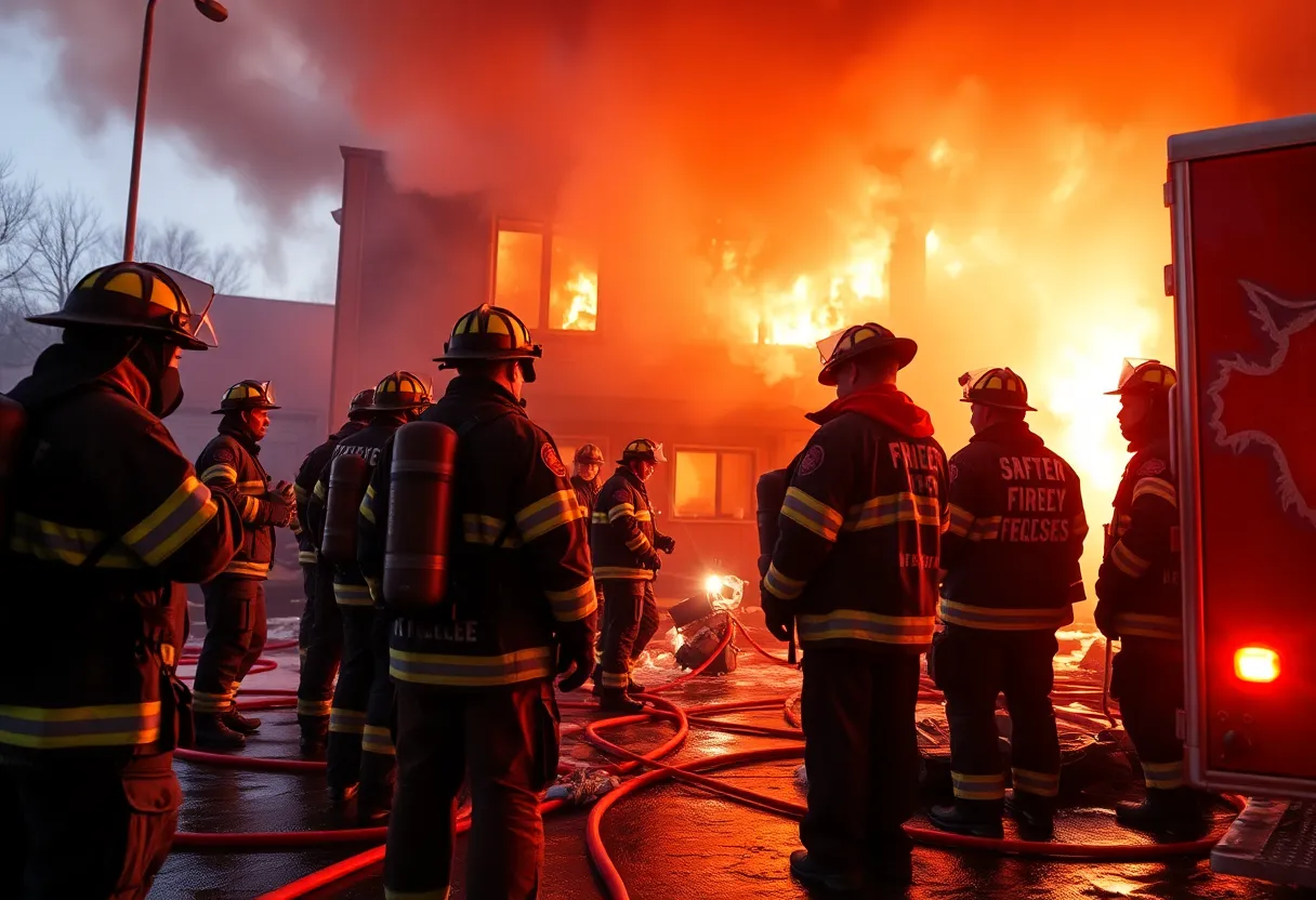 Firefighters responding to a fire incident at an apartment building.