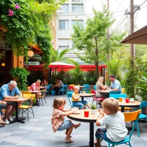 Outdoor family-friendly dining area in West Columbia with children playing and parents relaxing.
