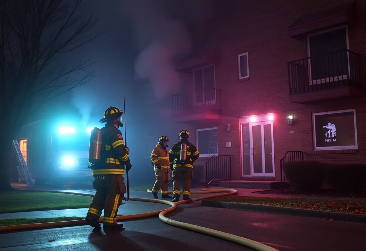 Firefighters working at the scene of a fire at an apartment complex, showcasing teamwork and emergency response efforts.