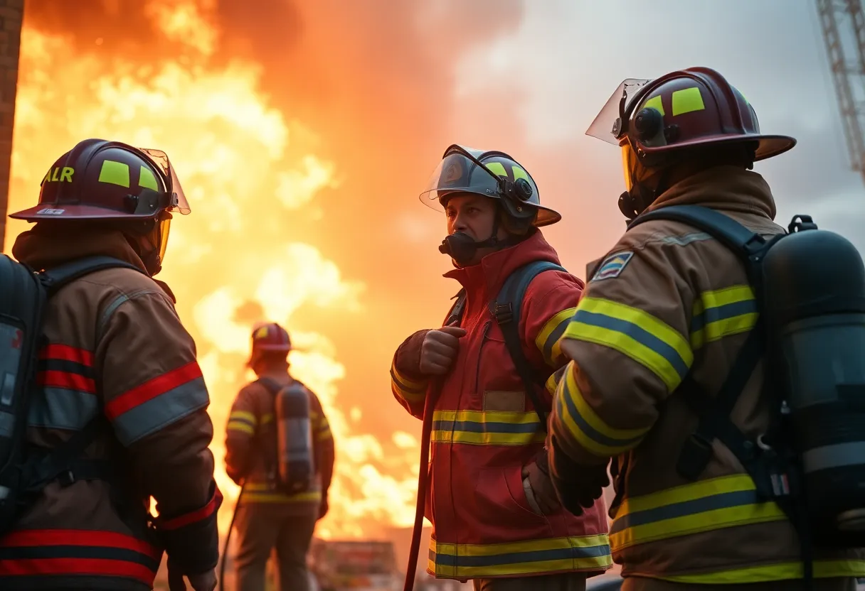 Firefighters in action at a building fire scene