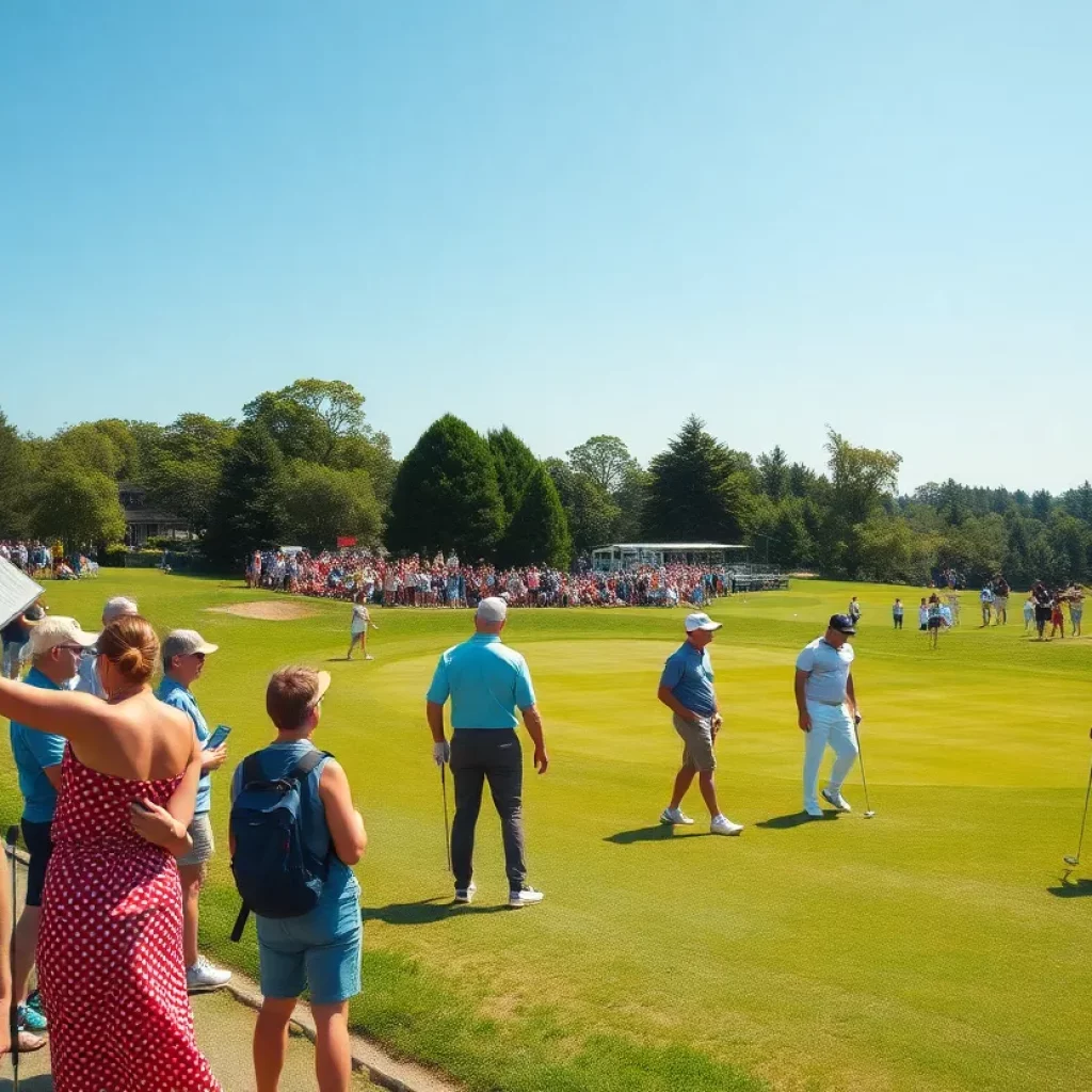 Golf course scene with players and spectators during a sunny day event
