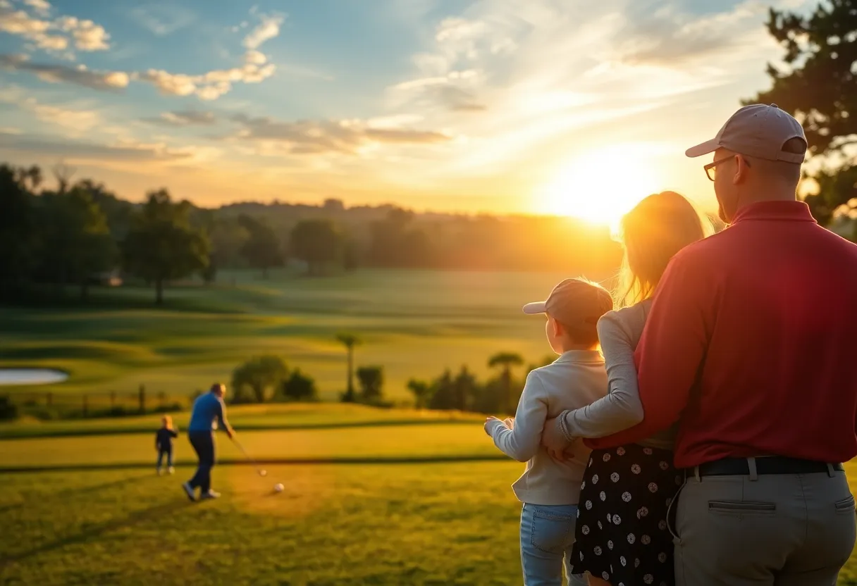 A serene golf course at sunset with families enjoying time on the fairway.